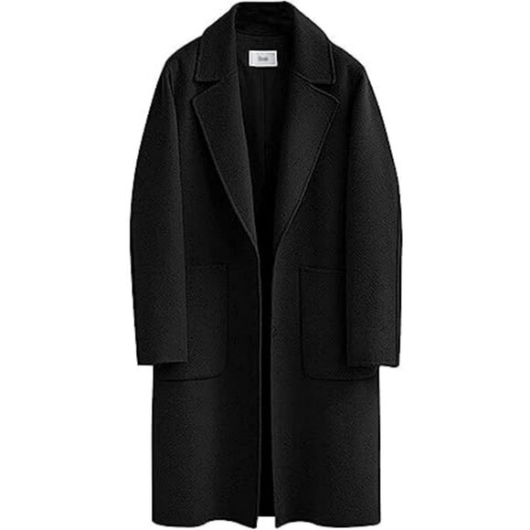 💫 Women Black Mid Long Pea Coat Lapel Wool Button Warm Thicken Trench Jacket